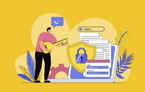 Network security concept with modern flat design for web. Man using secure .. Stock Illustration