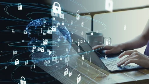 Network security concept. Young woman using a laptop in room. Stock Footage 112553814
