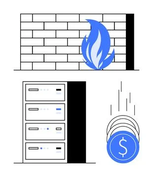Network security firewall protecting data servers and financial transactions Stock Illustration