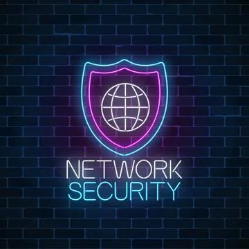 Network security glowing neon sign on wall background. Internet protection sy Stockillustratie