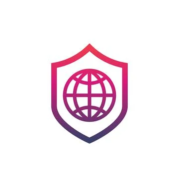 Network security icon with shield and globe on white Stock Illustration
