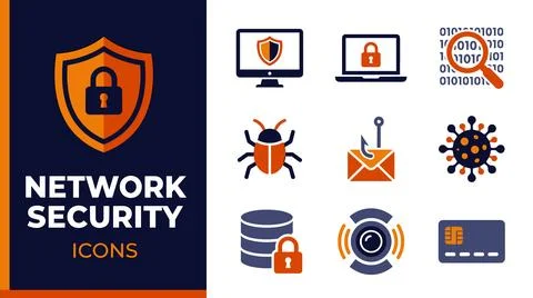 Network Security Icons Collection Featuring Cyber Threats and Protection Sy.. Stockillustratie