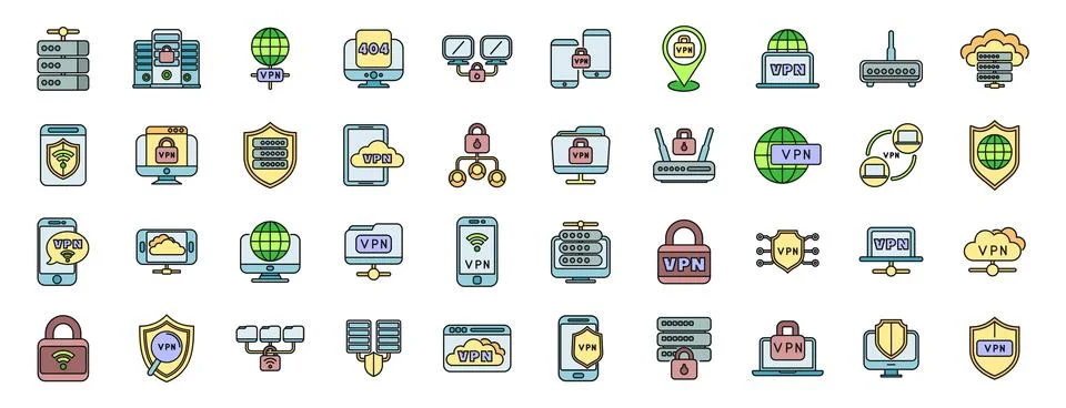 Network security icons featuring vpn and cloud technology services Illustrazione stock
