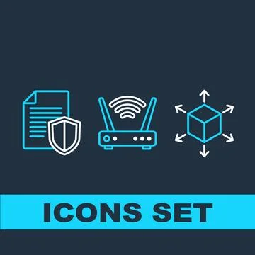 Network security icons set featuring document with shield, wireless router .. Stock Illustration