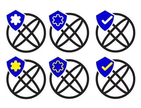 Network Security Icons With Shield, Gear and Check Symbols Representing Int.. Stock Illustration