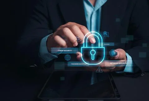 Network security keywords, Human hand using computer to surf the internet T.. Foto stock