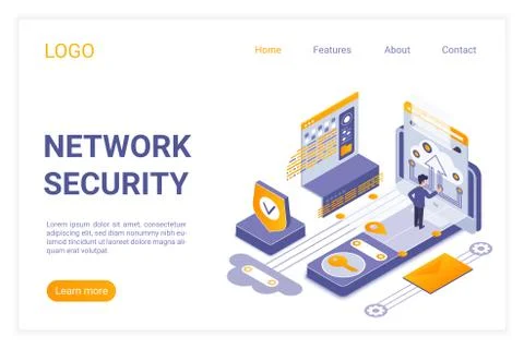 Network security landing page isometric vector template. Data encryption Stock Illustration