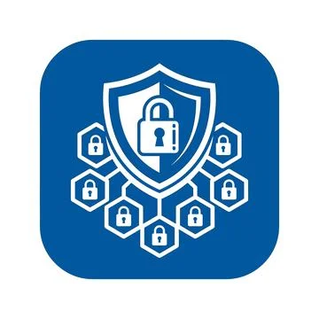Network security shield icon with blue background and multiple connected lock Illustrazione stock