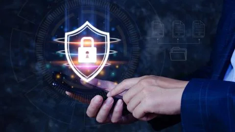 Network security shield system, Personal Data information on smart phone. I.. Stock Photos