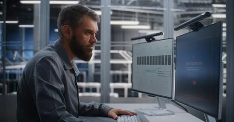 Network Security Specialist Responding to DDoS Threat inside High Capacity Data Stock Photos