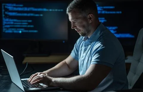 Network security specialist uses laptop. Network security specialist monitors Stock Photos
