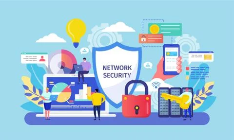 Network security vector illustration, cartoon flat tiny networked people working イラスト素材