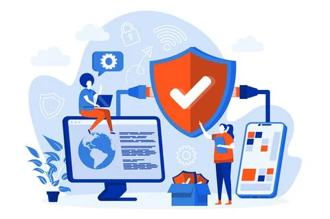 Network security web concept with people. Cybersecurity engineers work scene  Stock Illustration
