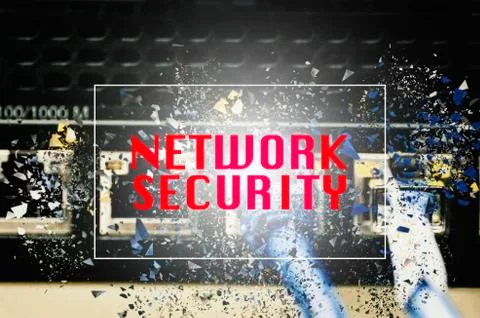 NETWORK SECURITY word over abstract shattered effect background for digital b Stock Photos