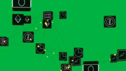Network sending yellow flow from top along dotted links indicating data flow on Stock Footage 329548792