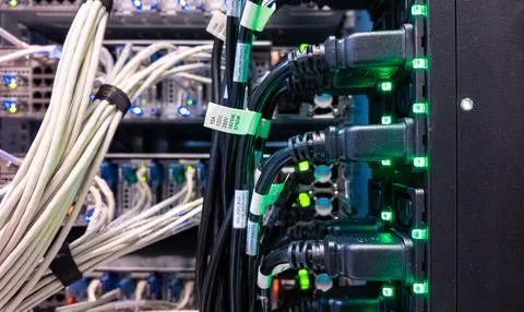 Network server cables and connections illuminated in data center at night Stock Photos