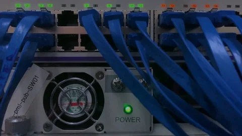 Network Server with Cables and Led Lights Stockbeeldmateriaal 121609403