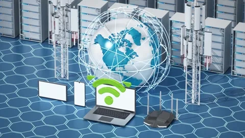 Network server concept with a globe,receivers and electronic devices Stock Footage 294184932