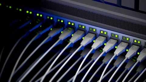 Network Server Equipment with Blinking Data Cables Video stock 335407602