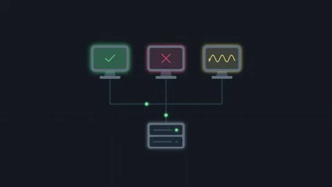 Network Server Monitoring with Computer Monitors and Data Flow Animation Loop Stock Footage 342300466