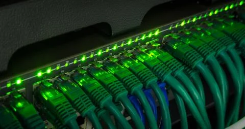 Network server panel, switch and patch cord cable in data center Stock Photos