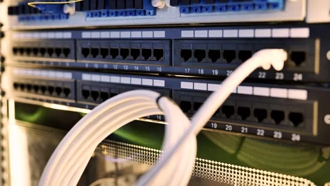 Network server rack with patch panel and ethernet cables for data connection Stock Footage 320520403