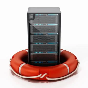 Network server in red life buoy. Network safety concept. 3D illustration Illustrazione stock