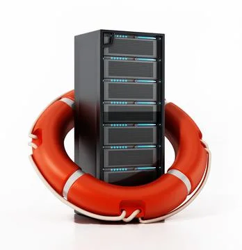Network server in red life buoy. Network safety concept. 3D illustration Stock Illustration