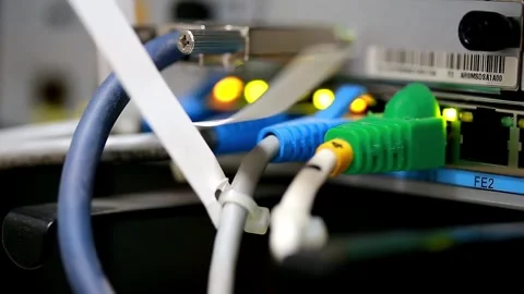 Network server Rj 45 lan connect with swicth hub and led status running. Vídeos de archivo 334586798