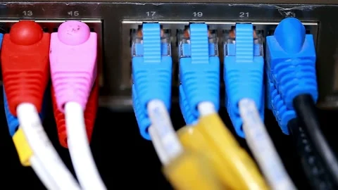 Network server Rj 45 lan connect with swicth hub and led status running. Stock-Footage 334586806