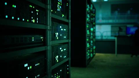 Network server room with computers for digital tv ip communications Illustrazione stock