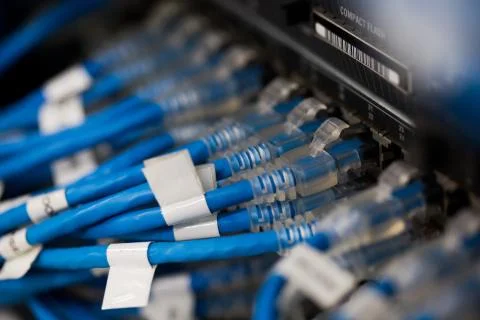 Network server room with computers for digital tv ip communications Stock Photos