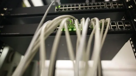 Network server room with servers, high performance computers running processes Stock Footage 124189401