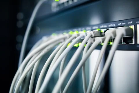 Network server room with servers, high performance computers running processes Stock Photos