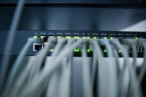 Network server room with servers, high performance computers running processes Stock Photos