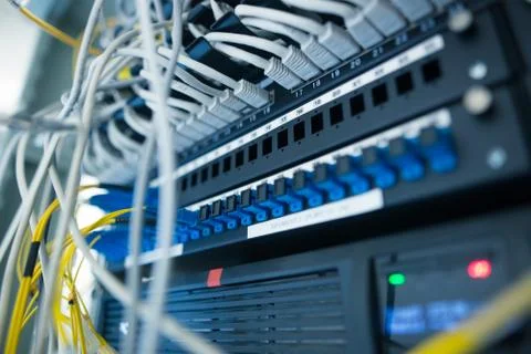 Network server room with servers, high performance computers running processes Stock Photos