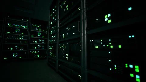 Network server room with servers running processes Stock Illustration