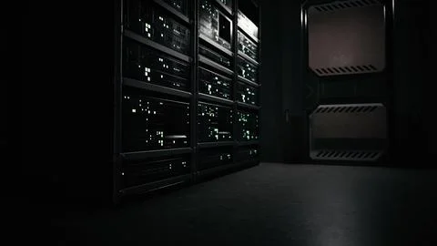 Network server room with servers running processes Stock Illustration