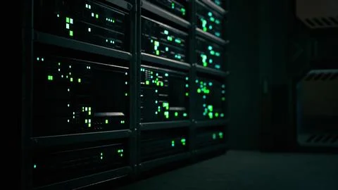 Network server room with servers running processes Stock Illustration