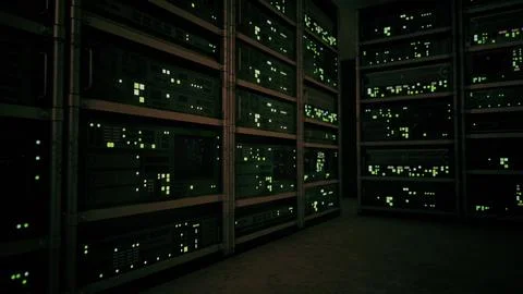 Network server room with servers running processes Stock Illustration