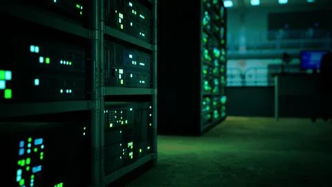 Network server room with servers running processes Stock Illustration