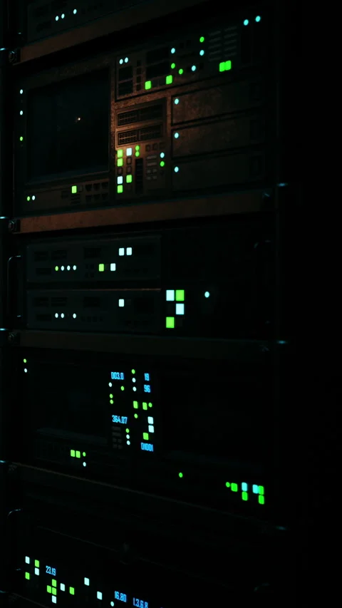 Network server room shows equipment with lit indicators in dark space Stock Footage 337951674
