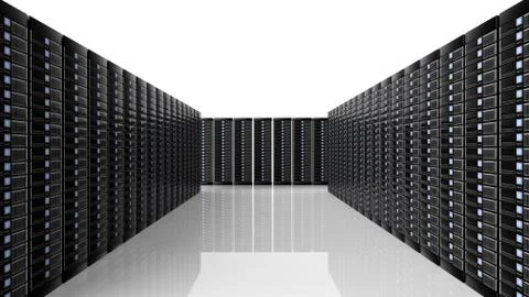 Network servers data center room, on white background with reflections. Illustrazione stock