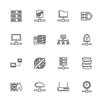 Network Servers - Flat Vector line Icons Stock Illustration