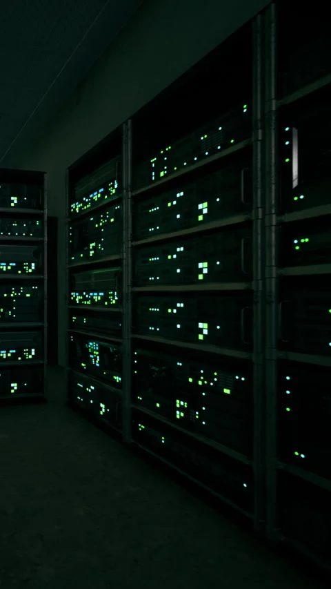 Network servers glow in dark room during server activity in data center Stock Footage 337954257