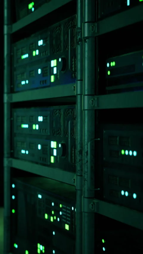 Network servers with glowing lights in a data center during evening hours Stock Footage 338387807