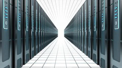 Network servers in a row isolated on white background. 3D illustration Illustrazione stock