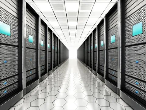 Network servers in a row in the room. 3D illustration 库存插图