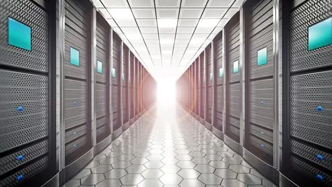 Network servers in a row in the room. 3D illustration Stock Illustration