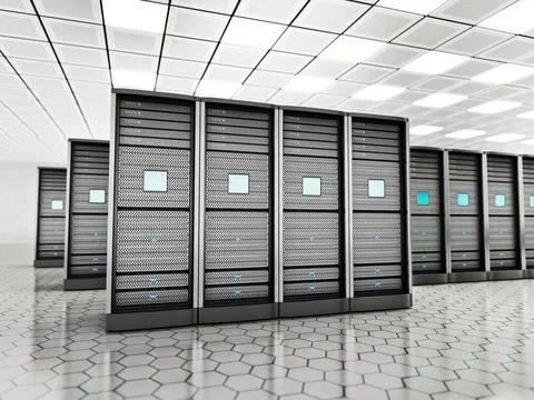 Network servers in a row in the room. 3D illustration Network servers in a... Stock Photos